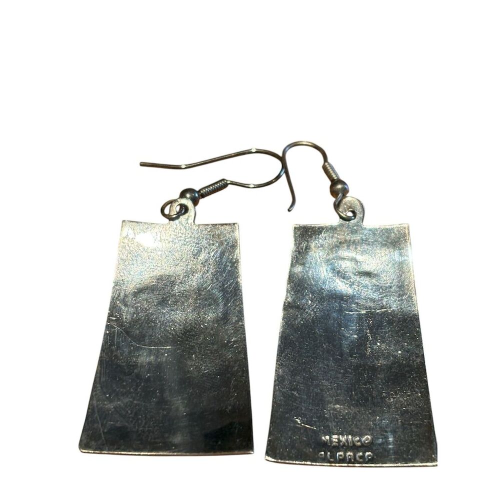 Vintage Alpaca Mexico Dangle Earrings Crushed Turquoise Inlay Silver - Picture 3 of 4